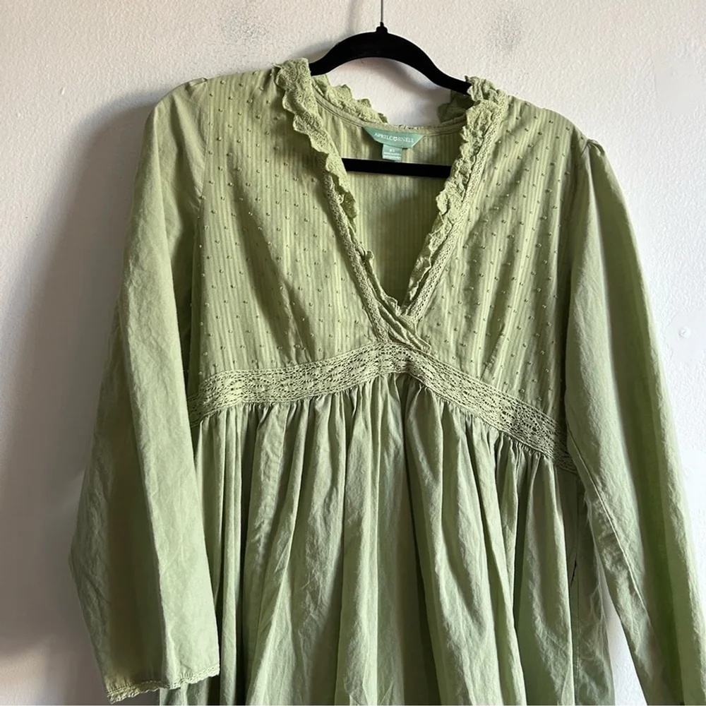 April Cornell Sz XS Green Dainty Long Sleeves Cotton Cottagecore Max Dress - Picture 3 of 13